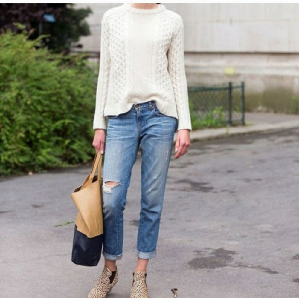 Ivory Cream White Chunky Cable Knit Wool Fisherman Sweater Size L